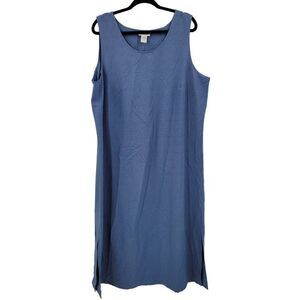 Vintage Avenue Silk Linen Sleeveless Shift Maxi Dress 18/20 Blue Textured Slits